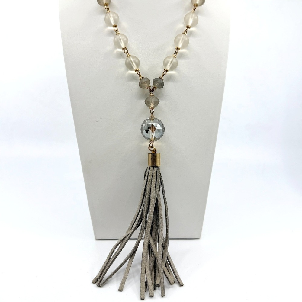 Vintage Boho Suede Tassel Pendant Necklace Gray Glass Beaded Long Statement Y2K